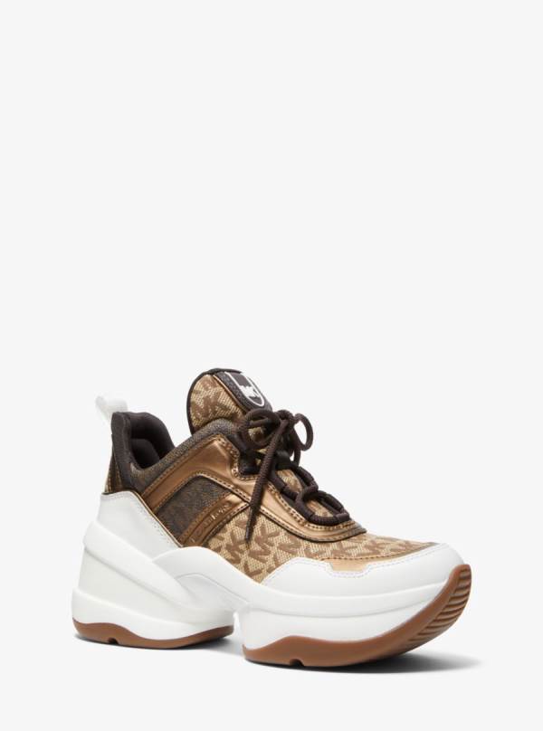 Damske Tenisky Michael Kors Olympia Logo Jacquard and Metallic Leather Hnede Béžové - Topanky Michael Kors Obchod | BWGRH-6935